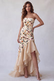 Strapless Champagne Velvet Zeemeermin Print Hoog Laag Lange Formele Jurk
