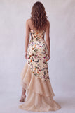 Strapless Champagne Velvet Zeemeermin Print Hoog Laag Lange Formele Jurk