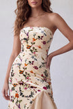 Strapless Champagne Velvet Zeemeermin Print Hoog Laag Lange Formele Jurk
