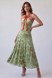 Stoffy Sage A-lijn halter lange formele jurk met bloemen en strik