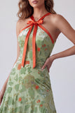 Stoffy Sage A-lijn halter lange formele jurk met bloemen en strik