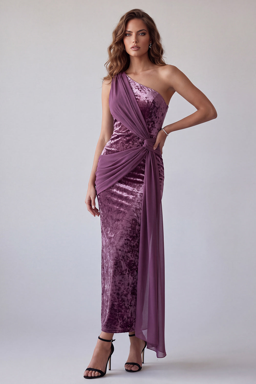Vintage mauve fluwelen schede met één schouder gedrapeerde lange formele jurk