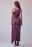 Vintage mauve fluwelen schede met één schouder gedrapeerde lange formele jurk