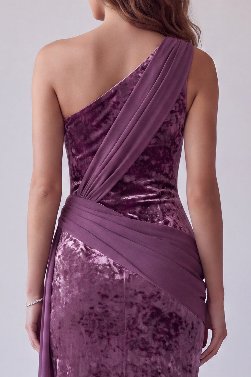 Vintage mauve fluwelen schede met één schouder gedrapeerde lange formele jurk