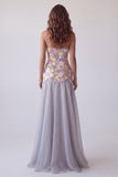 Glinsterende grijze zeemeermin strapless bloemen lange formele jurk met parels