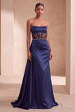 Marineblauw korset satijnen schede Bloem strapless gerimpelde lange formele jurk