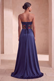 Marineblauw korset satijnen schede Bloem strapless gerimpelde lange formele jurk
