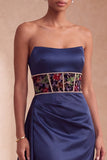 Marineblauw korset satijnen schede Bloem strapless gerimpelde lange formele jurk