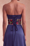 Marineblauw korset satijnen schede Bloem strapless gerimpelde lange formele jurk