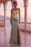 Bloemen saliegroen korset gerimpelde mantel strapless lange formele jurk met split