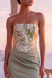 Bloemen saliegroen korset gerimpelde mantel strapless lange formele jurk met split