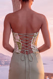 Bloemen saliegroen korset gerimpelde mantel strapless lange formele jurk met split