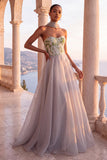 Lichtgrijs korset A-lijn organza strapless lange formele jurk met halsdoek