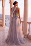 Lichtgrijs korset A-lijn organza strapless lange formele jurk met halsdoek