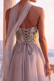 Lichtgrijs korset A-lijn organza strapless lange formele jurk met halsdoek