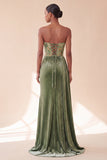 Groene korsetschede strapless fluweel, gerimpelde lange formele jurk met een zijstrip