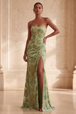 Groene zeemeermin strapless split met gerimpelde lange formele jurk met split