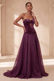 Vintage mauve korset A-lijn strapless gerimpelde lange formele jurk met sleutelgat