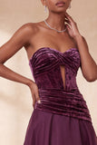 Vintage mauve korset A-lijn strapless gerimpelde lange formele jurk met sleutelgat