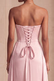 Strapless roze satijnen A-lijn gerimpelde lange formele jurk