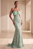 Saliegroen korset Zeemeermin strapless gevederde pailletten lange formele jurk met strik