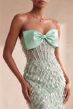 Saliegroen korset Zeemeermin strapless gevederde pailletten lange formele jurk met strik