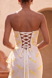 Strapless ivoorkleurige zeemeermin, gerimpelde, gerimpelde lange formele jurk met sweep sleep