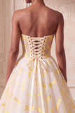 Ivoorkleurige baljurk strapless organza gerimpeld lange formele jurk