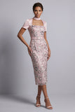 Lichtroze schede vierkante hals met korte mouwen midi Mother of the Bride jurk met riem