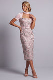 Lichtroze schede vierkante hals met korte mouwen midi Mother of the Bride jurk met riem