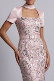 Lichtroze schede vierkante hals met korte mouwen midi Mother of the Bride jurk met riem