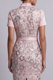 Lichtroze schede vierkante hals met korte mouwen midi Mother of the Bride jurk met riem