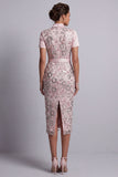 Lichtroze schede vierkante hals met korte mouwen midi Mother of the Bride jurk met riem