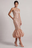 Blush zeemeermin hoge halszakken met bubbelige zoom midi moeder van de bruid jurk met pailletten