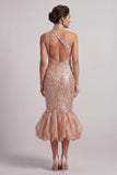Blush zeemeermin hoge halszakken met bubbelige zoom midi moeder van de bruid jurk met pailletten