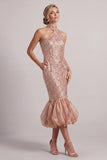 Blush zeemeermin hoge halszakken met bubbelige zoom midi moeder van de bruid jurk met pailletten