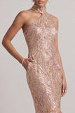 Blush zeemeermin hoge halszakken met bubbelige zoom midi moeder van de bruid jurk met pailletten