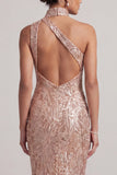 Blush zeemeermin hoge halszakken met bubbelige zoom midi moeder van de bruid jurk met pailletten