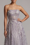 Lila A-lijn strapless pailletten lange moeder van de bruid jurk
