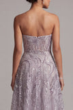 Lila A-lijn strapless pailletten lange moeder van de bruid jurk