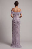 Lila schede van de schouder met pailletten met een zijsplit Maxi Moeder van de Bruid jurk