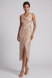 Champagne Schede Cowl Neck Met Rimpels Midi Moeder van de Bruid Jurk met zijsplit