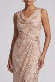 Champagne Schede Cowl Neck Met Rimpels Midi Moeder van de Bruid Jurk met zijsplit