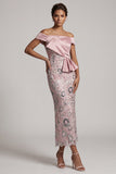 Lichtroze mantel van de schouder pailletten theelange Mother of the Bride jurk met drapering