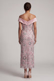 Lichtroze mantel van de schouder pailletten theelange Mother of the Bride jurk met drapering