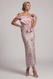Lichtroze mantel van de schouder pailletten theelange Mother of the Bride jurk met drapering