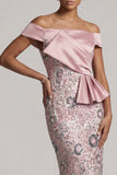Lichtroze mantel van de schouder pailletten theelange Mother of the Bride jurk met drapering