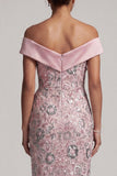 Lichtroze mantel van de schouder pailletten theelange Mother of the Bride jurk met drapering