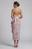 Lichtroze Sheath Halter Draperen Midi Moeder van de Bruid Jurk met kralen
