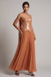 Bronzer pailletten Chiffon strapless kralenlange enkeljurk met drapering en drapering